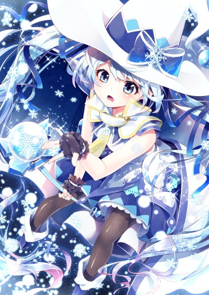 Anime picture 1157x1637 with vocaloid suki! yuki! maji magic (vocaloid) hatsune miku yuki miku yuki miku (2014) sakuragi ren single tall image looking at viewer open mouth blue eyes twintails blue hair very long hair from above snowing treble clef girl dress ribbon (ribbons)