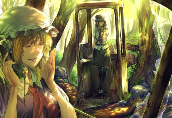 Anime picture 1273x876 with touhou usami renko maribel hearn irohara mitabi short hair open mouth blonde hair smile multiple girls looking away one eye closed wink sunlight girl dress 2 girls plant (plants) hat pantyhose tree (trees)