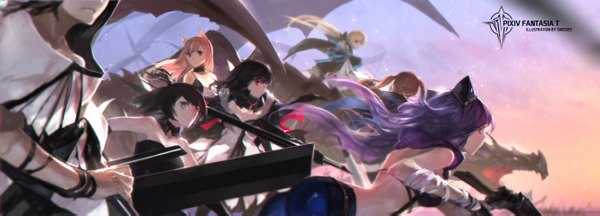 Anime picture 2658x957 with original pixiv fantasia pixiv fantasia t swd3e2 long hair looking at viewer fringe highres open mouth black hair blonde hair red eyes brown hair wide image twintails bare shoulders multiple girls animal ears looking away pink hair