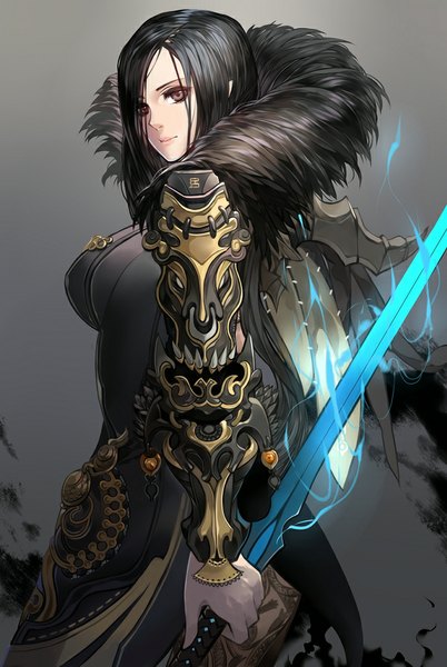 Anime picture 687x1024 with blade & soul jin seo yeon gu-ko citemer single long hair tall image looking at viewer blush breasts black hair large breasts looking back black eyes turning head girl dress weapon sword black dress armored dress