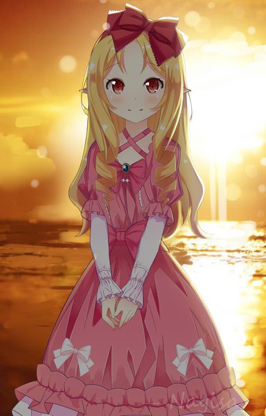 Anime picture 2180x3407 with eromanga sensei a-1 pictures yamada elf nagisa (pixiv17634981) single long hair tall image looking at viewer blush highres blonde hair red eyes standing light smile pointy ears drill hair evening sunset lolita fashion girl