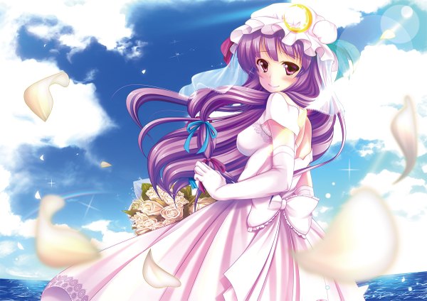 Anime picture 1200x849 with touhou patchouli knowledge aosuke (ayakawa akito) long hair blush smile purple eyes purple hair cloud (clouds) looking back girl dress gloves flower (flowers) petals elbow gloves bonnet wedding dress