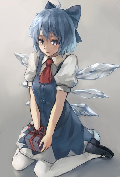 Anime picture 700x1029 with touhou cirno xiao qiang (overseas) single tall image blush short hair simple background sitting purple eyes blue hair looking away ahoge grey background girl thighhighs dress bow hair bow white thighhighs