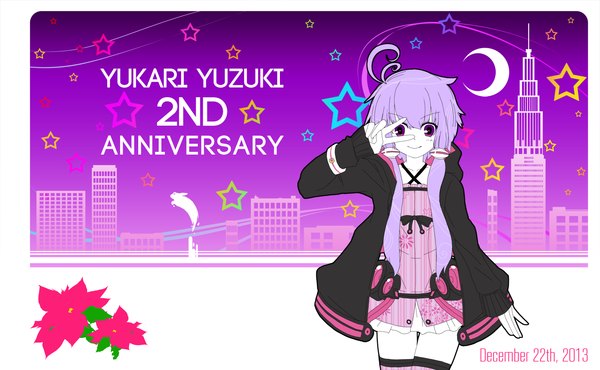 Anime picture 1554x960 with vocaloid yuzuki yukari yonkyuppa single long hair looking at viewer fringe wide image standing purple eyes twintails purple hair ahoge light smile inscription character names low twintails city anniversary girl