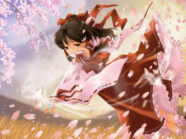 Anime picture 1280x960 with touhou hakurei reimu light smile miko girl detached sleeves petals