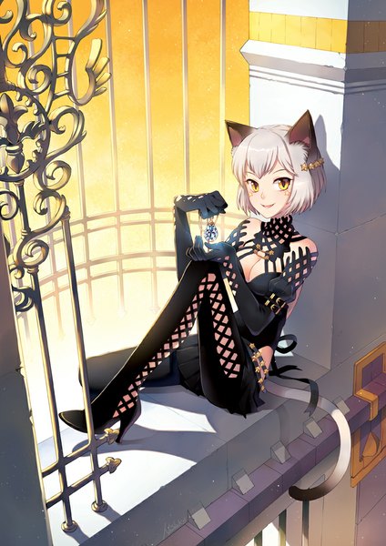 Anime picture 707x1000 with sword girls nardack single tall image blush short hair sitting animal ears yellow eyes white hair tail animal tail cat ears cat girl cat tail girl dress gloves elbow gloves star (symbol)