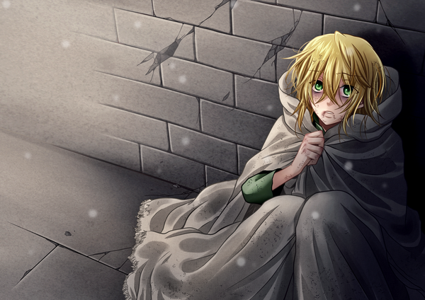 Anime picture 1000x708 with pandora hearts xebec jack vessalius hao-hime single short hair blonde hair green eyes from above coloring snowing winter cold boy blood cloak