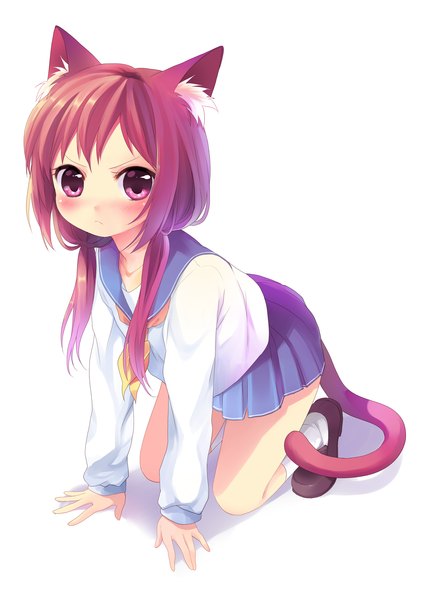Anime picture 2149x3035 with original yukizakura (neon-neon) namori single long hair tall image looking at viewer blush fringe highres simple background white background twintails animal ears pink hair full body pink eyes cat ears cat girl cat tail