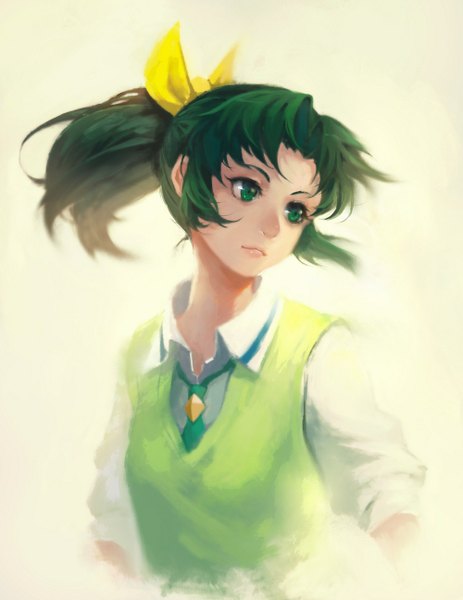 Anime picture 1000x1294 with precure smile precure! toei animation midorikawa nao sola7764 single long hair tall image simple background green eyes looking away ponytail green hair girl uniform ribbon (ribbons) hair ribbon school uniform shirt vest
