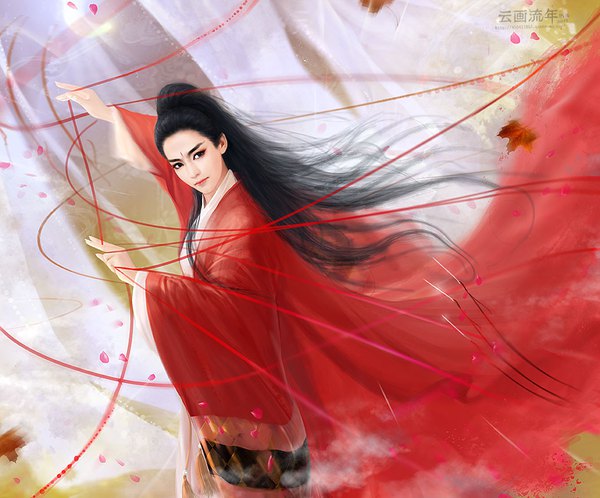 Anime picture 1018x846 with the smiling proud wanderer dongfang bubai hiliuyun (artist) single long hair looking at viewer black hair holding signed long sleeves traditional clothes looking back wind lips black eyes blurry inscription wide sleeves arms up lipstick