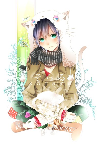 Anime picture 1300x2048 with nico nico singer soraru single tall image highres short hair blue eyes purple hair cat tail boy scarf cap animal hat