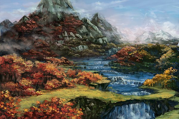 Anime picture 1147x765 with original c.z. sky cloud (clouds) mountain no people landscape river waterfall plant (plants) tree (trees) water forest