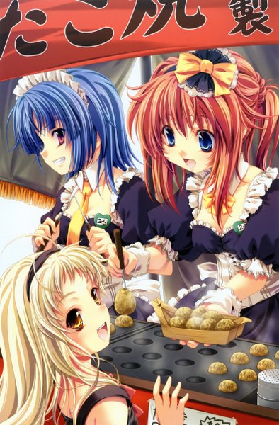 Anime picture 3173x4827 with miyama zero tall image highres open mouth blue eyes blonde hair red eyes multiple girls yellow eyes blue hair absurdres red hair maid girl hair ornament food 3 girls takoyaki