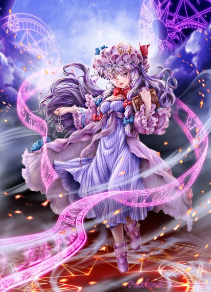 Anime picture 2419x3354 with touhou patchouli knowledge urufu single long hair tall image looking at viewer highres open mouth purple eyes cleavage purple hair lips magic crescent magical girl weightlessness girl glasses book (books)