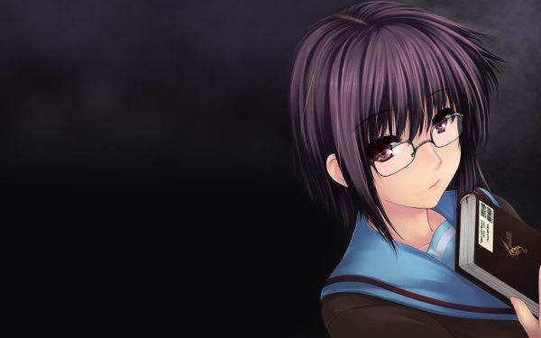 Anime picture 1280x800 with suzumiya haruhi no yuutsu kyoto animation nagato yuki wide image black background girl glasses