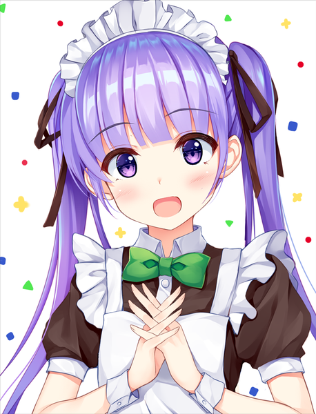 Anime picture 764x1000 with new game! doga kobo suzukaze aoba pasdar single long hair tall image blush fringe open mouth twintails purple eyes purple hair upper body blunt bangs head tilt maid hands clasped interlocked fingers girl