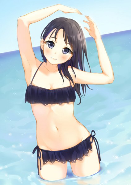 Anime picture 600x849 with real life uchida maaya hym9594 single long hair tall image looking at viewer blush fringe blue eyes light erotic black hair smile standing head tilt arms up armpit (armpits) midriff partially submerged groin