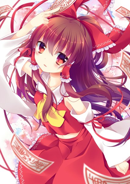 Anime picture 800x1129 with touhou hakurei reimu hoshi (snacherubi) single long hair tall image looking at viewer blush red eyes brown hair traditional clothes half updo miko girl skirt bow hair bow detached sleeves skirt set ofuda