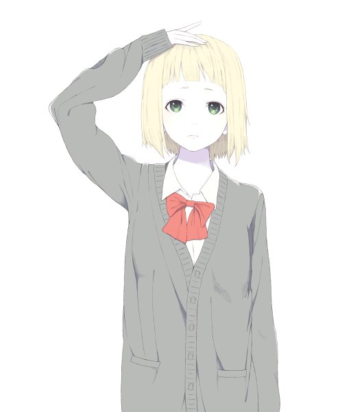 Anime picture 1029x1200 with original natuich single tall image looking at viewer fringe short hair blonde hair simple background white background green eyes blunt bangs arm up shadow hand on head pale skin bob cut girl uniform school uniform