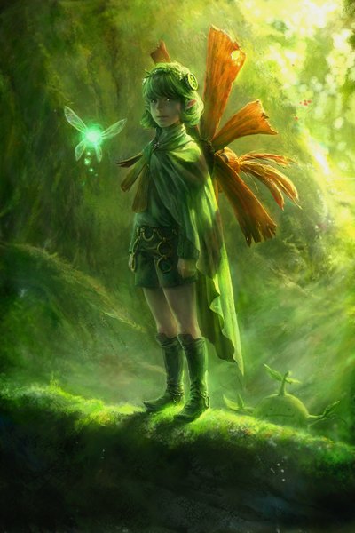 Anime picture 2000x3000 with the legend of zelda the legend of zelda: ocarina of time saria (the legend of zelda) kokiri great deku sprout ag+ (artist) tall image highres standing green hair pointy ears realistic green background fairy shorts boots cloak knee boots creature
