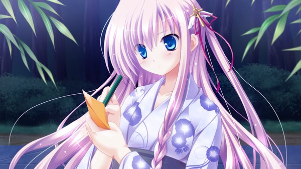 Anime picture 1024x576 with fortuna rhapsody long hair blue eyes wide image pink hair game cg braid (braids) japanese clothes girl hair ornament kimono