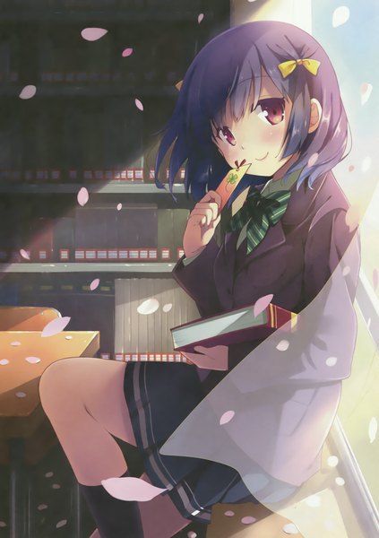 Anime picture 1904x2700 with natsume eri single tall image blush highres short hair black hair smile red eyes scan girl uniform school uniform petals socks book (books) black socks