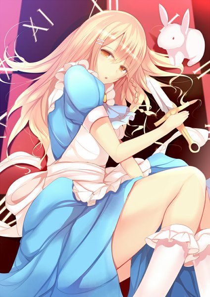 Anime picture 800x1131 with alice in wonderland alice (wonderland) daiaru single long hair tall image looking at viewer blonde hair orange eyes checkered floor girl dress weapon animal sword socks white socks bunny