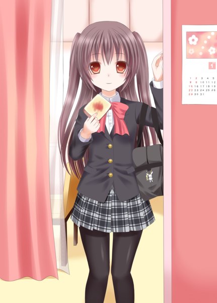 Anime picture 2645x3679 with original ikeda yuuki (artist) single long hair tall image highres black hair red eyes girl skirt uniform school uniform miniskirt school bag toast