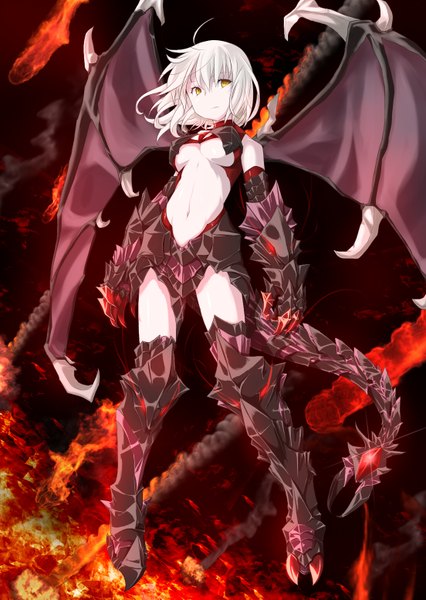 Anime picture 1104x1553 with original kaho single tall image fringe short hair breasts light erotic yellow eyes looking away ahoge tail grey hair no bra groin demon girl demon tail demon wings girl navel
