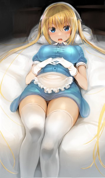 Anime picture 1445x2434 with blend s a-1 pictures hinata kaho greatmosu single tall image looking at viewer blush fringe breasts open mouth blue eyes light erotic blonde hair hair between eyes large breasts twintails payot lying very long hair