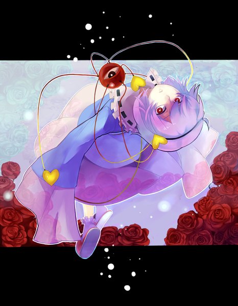 Anime picture 690x887 with touhou komeiji satori oburaato single tall image looking at viewer short hair red eyes purple hair long sleeves falling girl flower (flowers) shoes rose (roses) red rose eyeball slippers