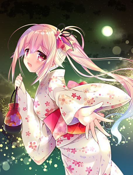 Anime picture 986x1300 with kantai collection harusame destroyer ringo sui single long hair tall image looking at viewer blush fringe open mouth smile hair between eyes holding payot pink hair sky long sleeves traditional clothes :d japanese clothes