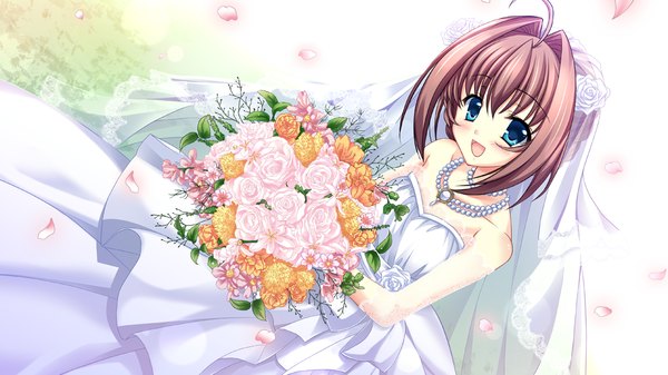 Anime picture 1024x576 with da capo ii dearest marriage asakura otome takano yuki (allegro mistic) single looking at viewer blush fringe short hair open mouth blue eyes smile brown hair wide image game cg ahoge girl dress flower (flowers) choker bouquet