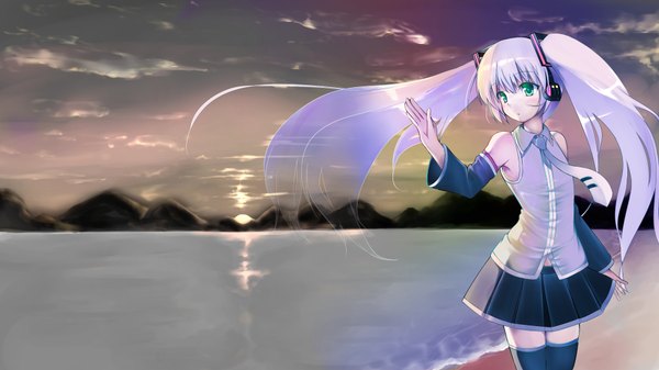 Anime picture 3840x2160 with vocaloid hatsune miku korezyanai single long hair highres wide image twintails bare shoulders green eyes looking away absurdres sky cloud (clouds) beach mountain girl thighhighs skirt sea