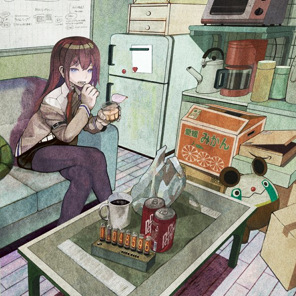 Anime picture 1181x1181 with steins;gate white fox makise kurisu single looking at viewer fringe blue eyes brown hair sitting crossed legs eating girl shirt pantyhose necktie food shorts belt cap box