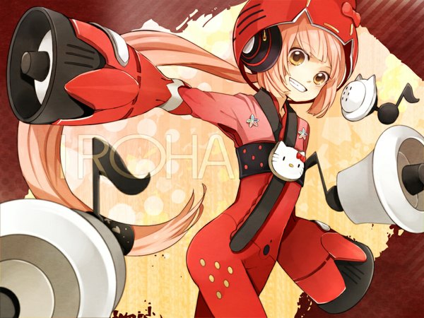 Anime picture 1000x750 with hello kitty vocaloid sanrio nekomura iroha tama (songe) single long hair looking at viewer smile yellow eyes pink hair ponytail grin girl musical note