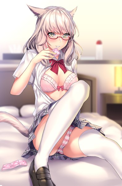 Anime picture 659x1000 with final fantasy final fantasy xiv square enix miqo'te aruma jiki single long hair tall image looking at viewer blush fringe light erotic smile sitting holding animal ears yellow eyes cleavage silver hair indoors