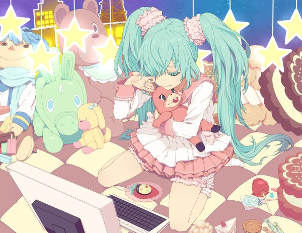 Anime picture 1200x927 with vocaloid lol -lots of laugh- (vocaloid) hatsune miku kaito (vocaloid) nayu long hair fringe twintails very long hair aqua eyes hair over one eye aqua hair checkered girl food sweets star (symbol) toy stuffed animal candy