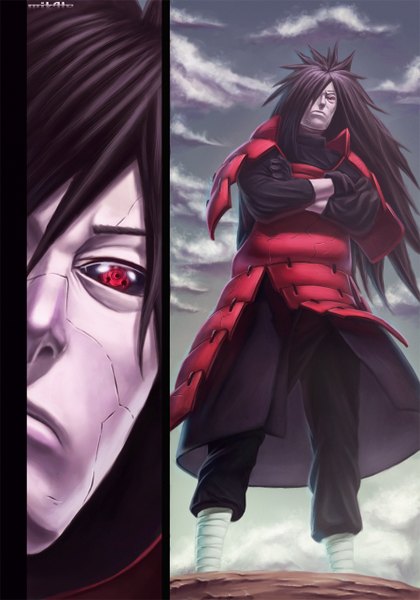 Anime picture 900x1284 with naruto studio pierrot naruto (series) uchiha madara naionmikato long hair tall image fringe black hair red eyes sky cloud (clouds) hair over one eye from below coloring crossed arms pale skin sharingan manga boy