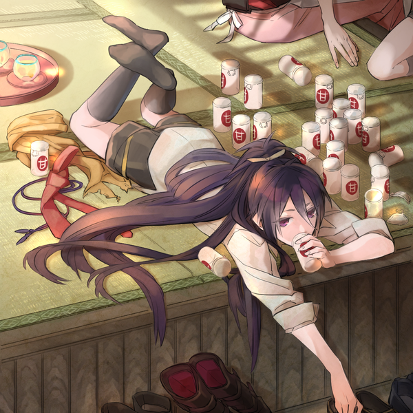 Anime picture 1100x1100 with touken ranbu nitroplus souza samonji fudou yukimitsu tobacco (tabakokobata) long hair fringe hair between eyes purple eyes purple hair ponytail lying solo focus on stomach drinking boy socks shoes black socks drink