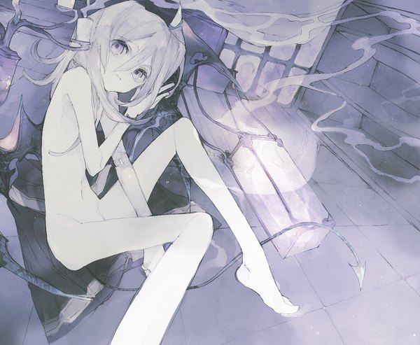 Anime picture 1000x822 with original single long hair light erotic purple eyes bare shoulders looking away purple hair tail bare belly bare legs no shoes pale skin demon tail bat wings purple background girl wings lantern