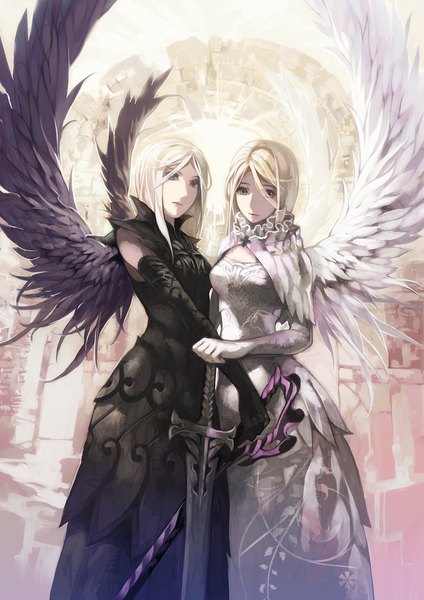 Anime picture 826x1169 with aoin long hair tall image looking at viewer breasts blonde hair standing purple eyes multiple girls holding angel wings black wings white wings girl dress gloves weapon 2 girls sword wings