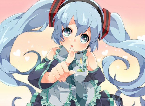 Anime picture 1500x1100 with vocaloid hatsune miku looking at viewer blush open mouth twintails green eyes very long hair aqua hair girl hair ornament detached sleeves necktie headphones