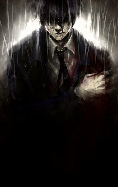 Anime picture 1180x1868 with psycho-pass production i.g nobuchika ginoza lorenamgrim single tall image short hair black hair rain hair over eyes hand on shoulder boy gloves necktie blood suit
