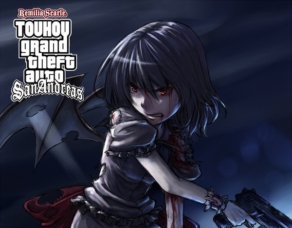 Anime picture 1027x800 with touhou grand theft auto remilia scarlet single short hair black hair red eyes teeth fang (fangs) torn clothes bat wings girl wings frills gun blood pistol