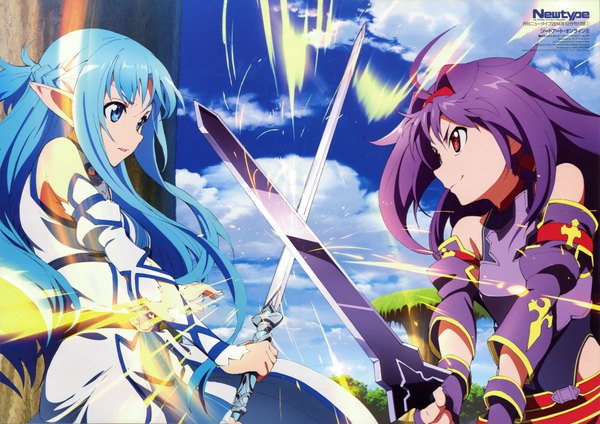 Anime picture 7099x5027 with sword art online a-1 pictures newtype yuuki asuna yuuki (sao) asuna (sao-alo) long hair highres blue eyes red eyes multiple girls blue hair absurdres sky purple hair cloud (clouds) pointy ears official art battle girl