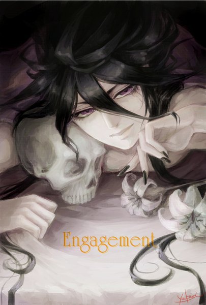 Anime picture 1000x1480 with yukari (artist) single long hair tall image looking at viewer light erotic black hair smile purple eyes lying nail polish boy flower (flowers) bed skull lily (flower)