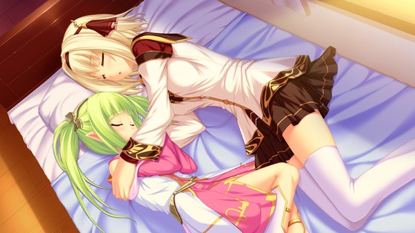 Anime picture 1920x1080 with ryuuyoku no melodia cynthia orlando tenmaso long hair highres short hair wide image twintails multiple girls game cg white hair eyes closed green hair pointy ears loli sleeping girl thighhighs dress skirt