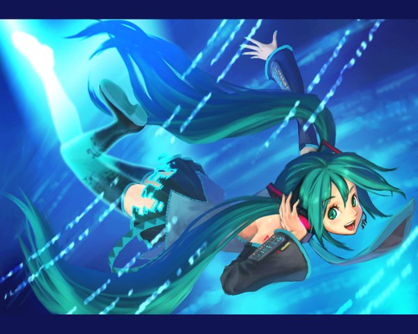 Anime picture 1280x1024 with vocaloid hatsune miku long hair twintails green eyes green hair girl thighhighs necktie headphones