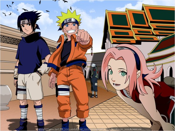 Anime picture 1600x1200 with naruto studio pierrot naruto (series) uzumaki naruto uchiha sasuke haruno sakura hatake kakashi short hair open mouth blue eyes black hair blonde hair smile bare shoulders green eyes pink hair silver hair profile from behind black eyes